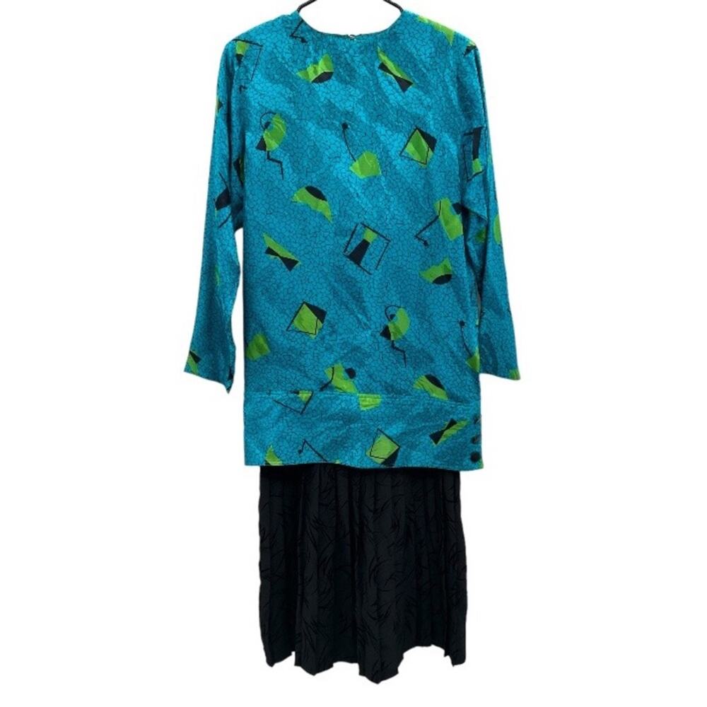 Vintage Maggy London 100% Silk Blue & Green Geometric Tunic Slip Dress Sz 8